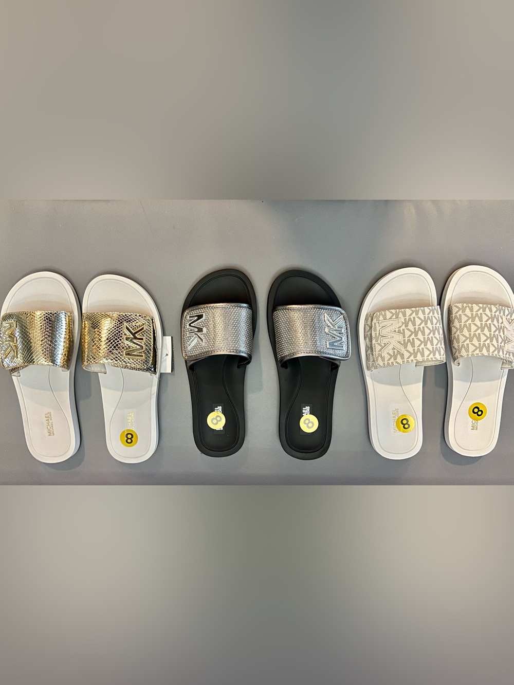 Michael Kors Metallic Logo Slide Sandals in Silver, Gold, and White - Picture 2 of 8